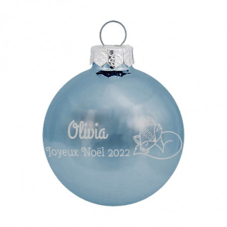 Boule de Noël en verre gravée personnalisée renard bleu clair