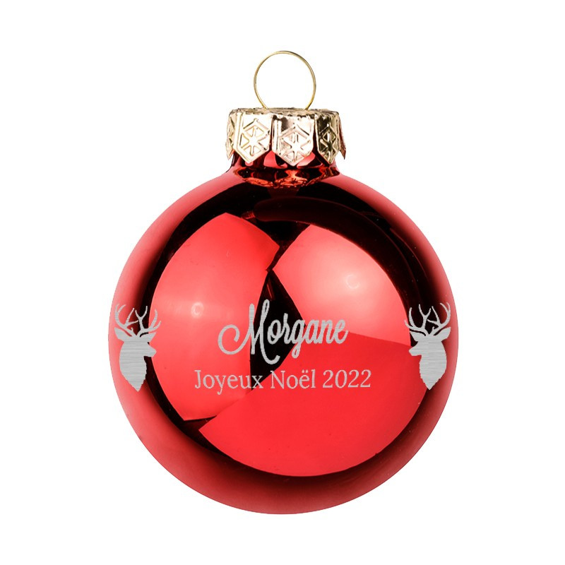 Boule de Noël en verre gravée personnalisée renne rouge brillant Boule de Noël en verre gravée personnalisée renne rouge brillant
