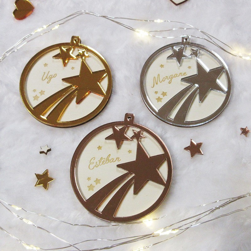 Boule de Noël personnalisée étoiles en bois et plexiglas miroir